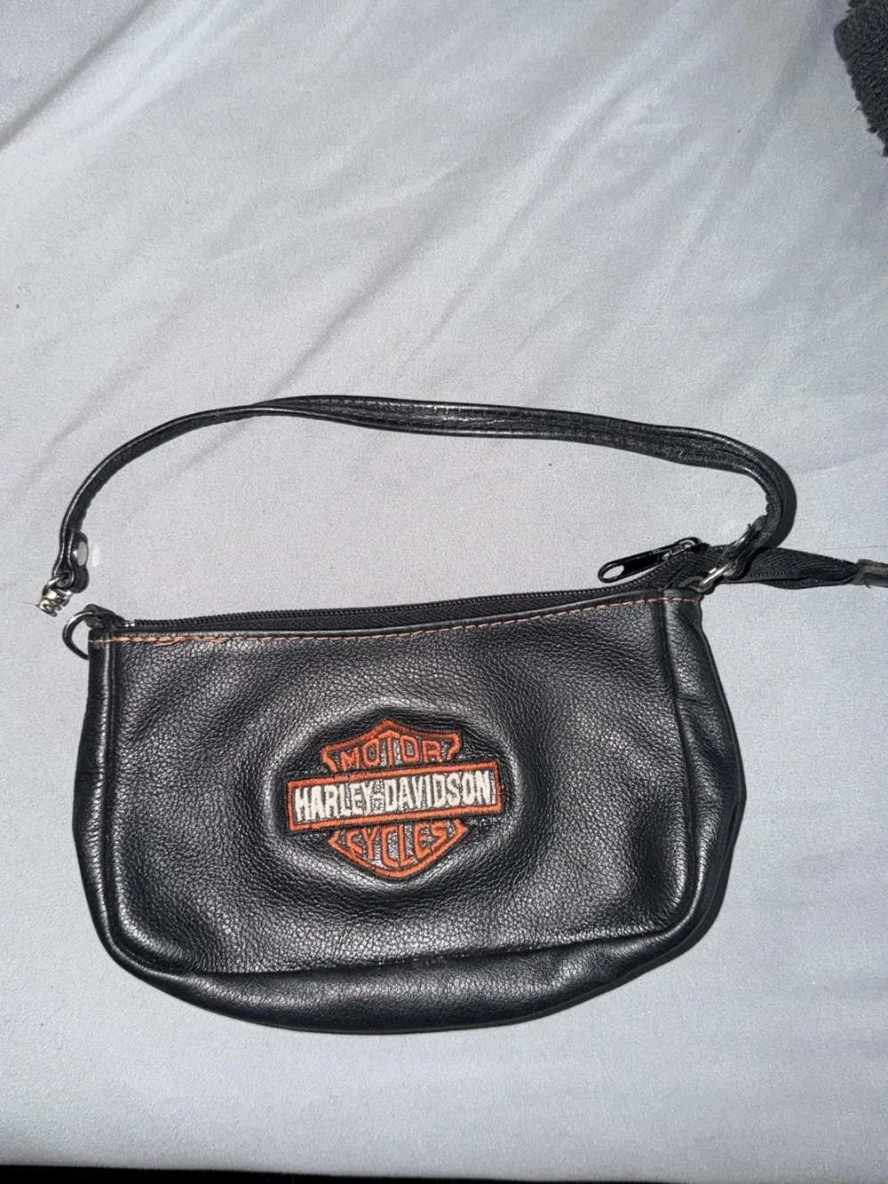 Harley-Davidson Black Leather Wrist Strap Belt Bag with Orange Logo